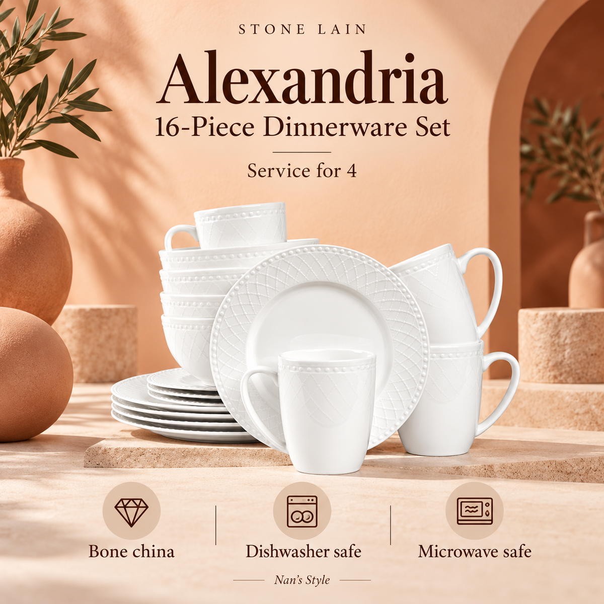 Stone Lain Alexandria Bone China 16-Piece Dinnerware Set