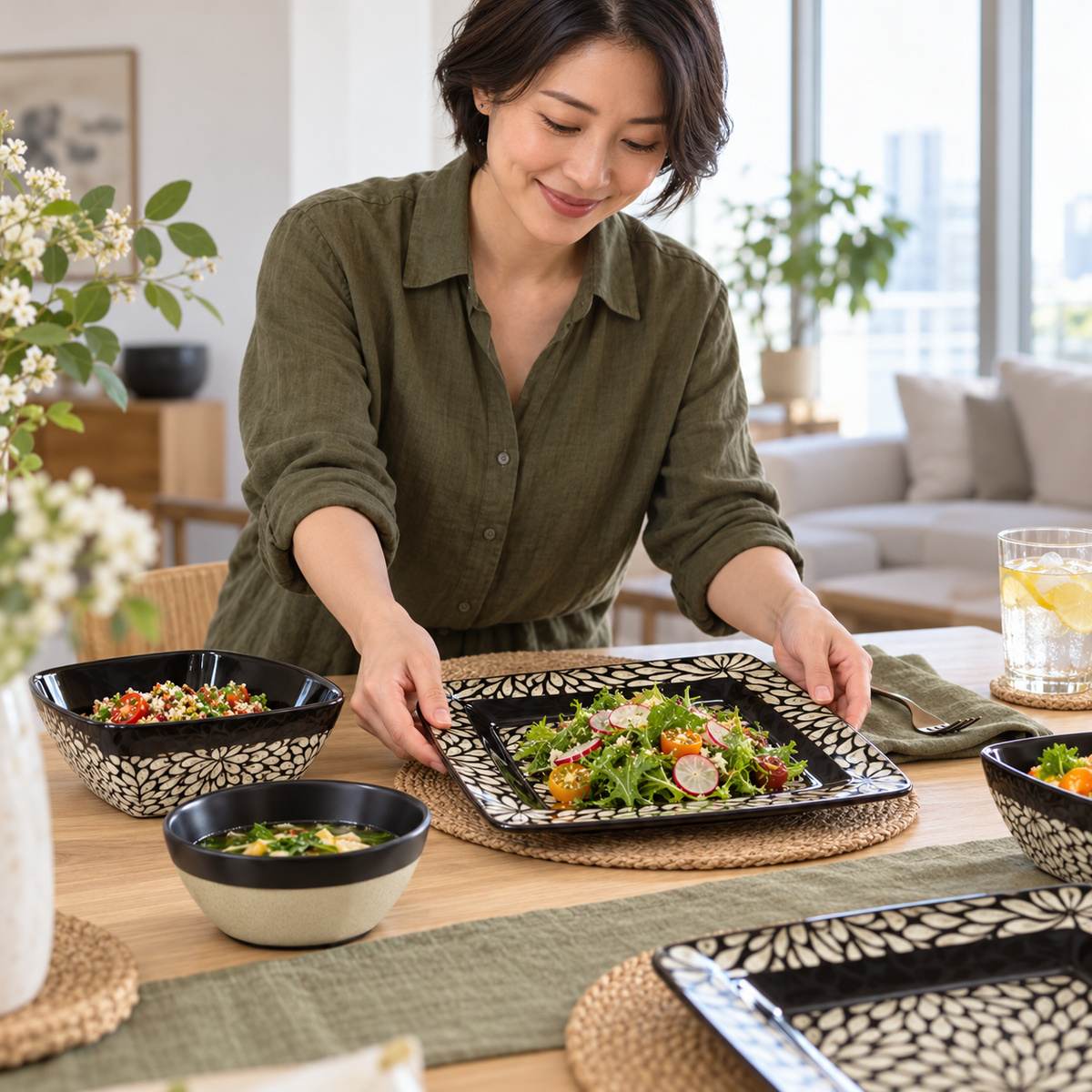 Elama Desert Bloom 16-Piece Stoneware Dinnerwar E Set