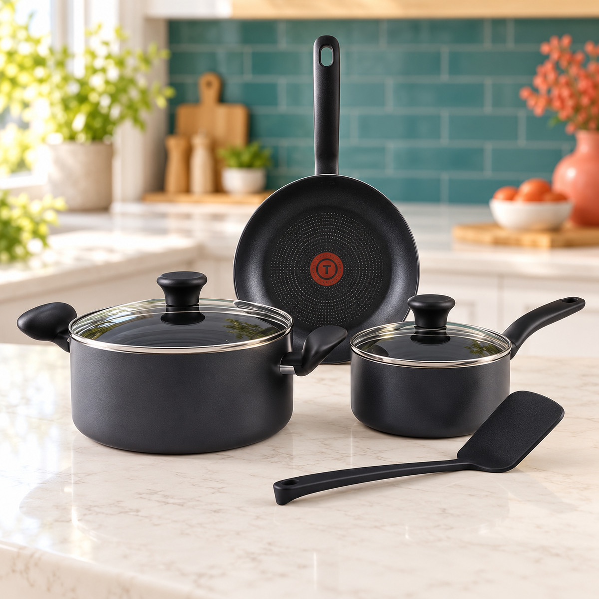 T-fal Initiatives Nonstick Cookware Set 6 Piece Pots and Pans Grey