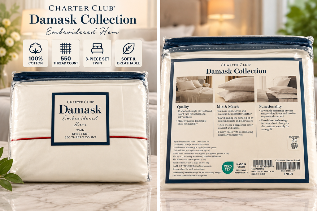 Charter Club Damask Solid 550 Thread Count Cotton 3-Piece Sheet Set – Twin
