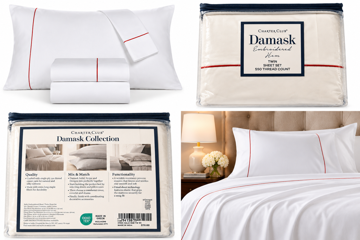 Charter Club Damask Solid 550 Thread Count Cotton 3-Piece Sheet Set – Twin