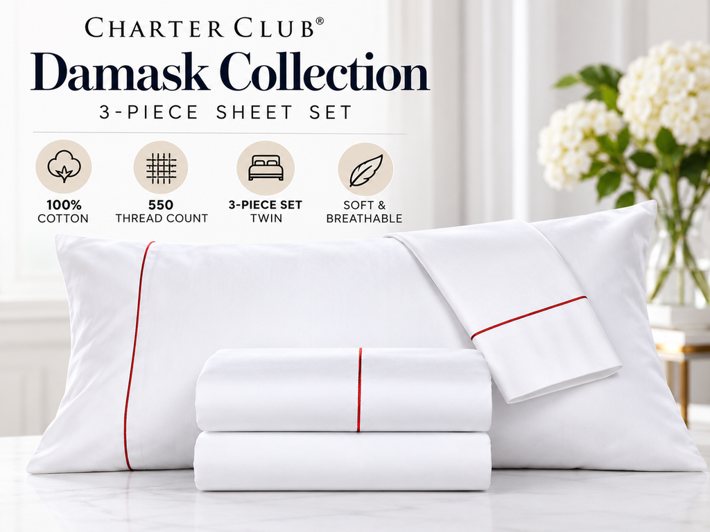 Charter Club Damask Solid 550 Thread Count Cotton 3-Piece Sheet Set – Twin