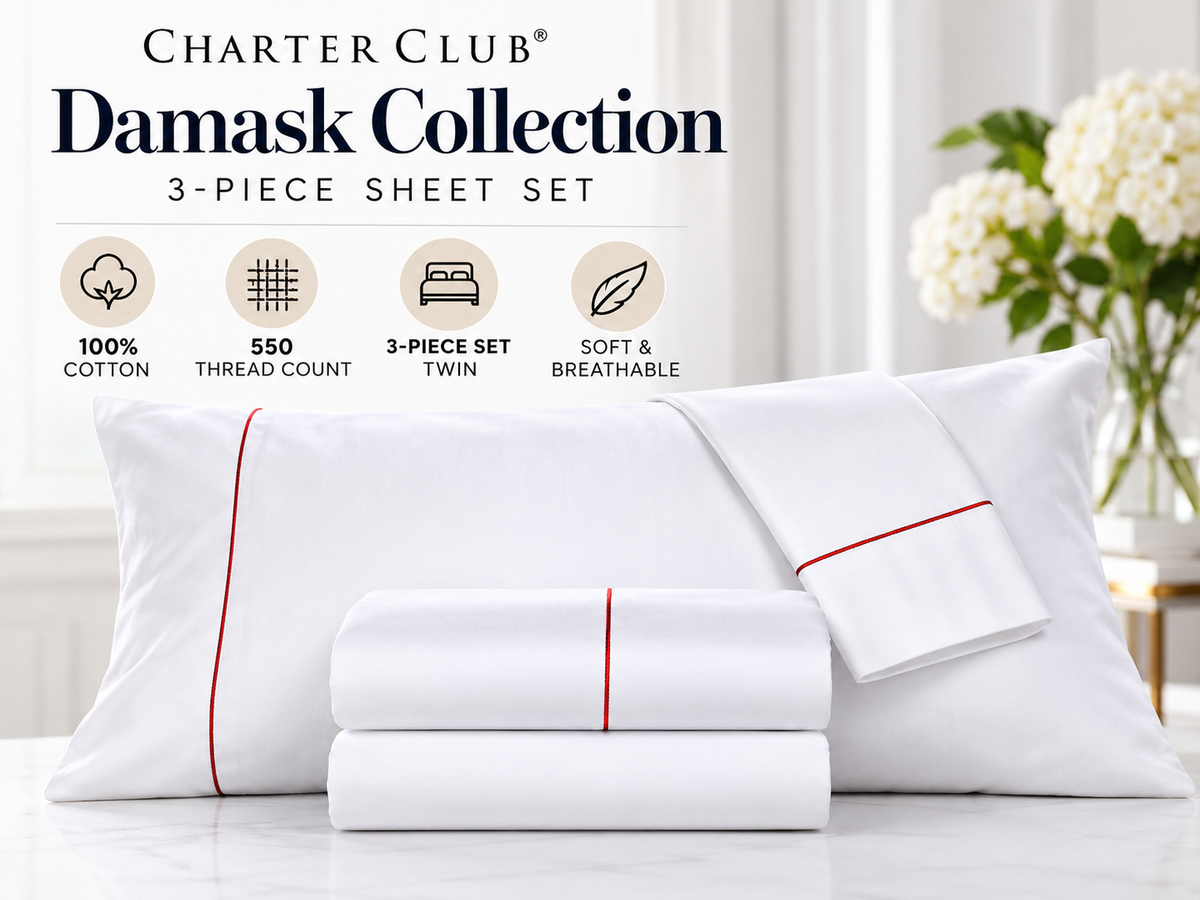 Charter Club Damask Solid 550 Thread Count Cotton 3-Piece Sheet Set – Twin