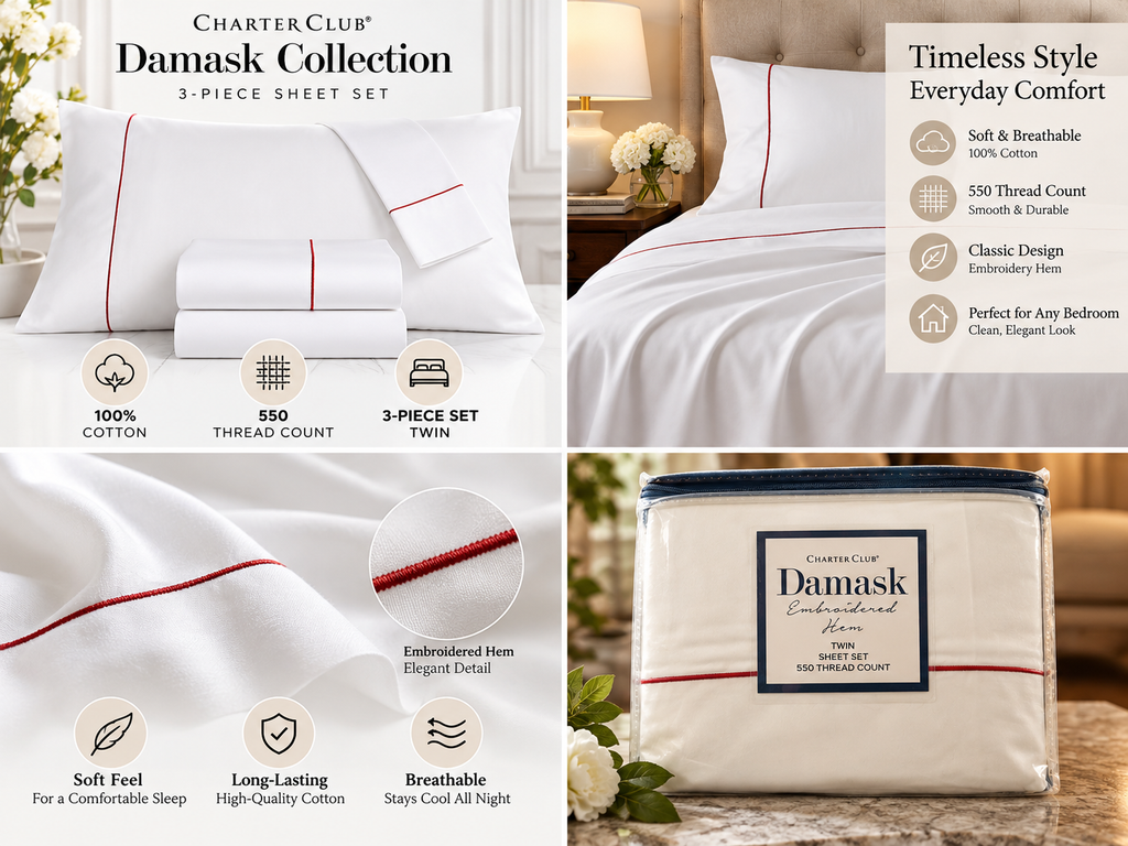 Charter Club Damask Solid 550 Thread Count Cotton 3-Piece Sheet Set – Twin