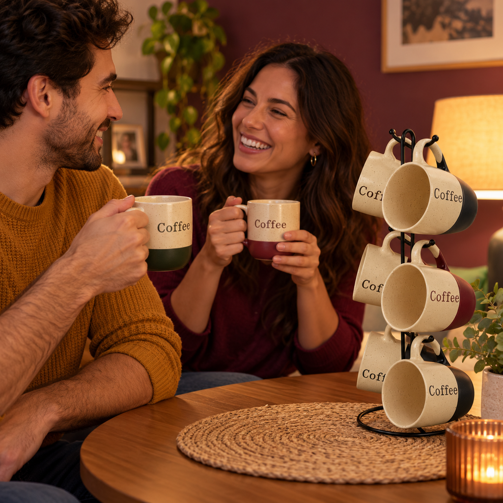 Coffee House 6-Piece 12 Oz. Mug Set with Stand, Assorted Colors
