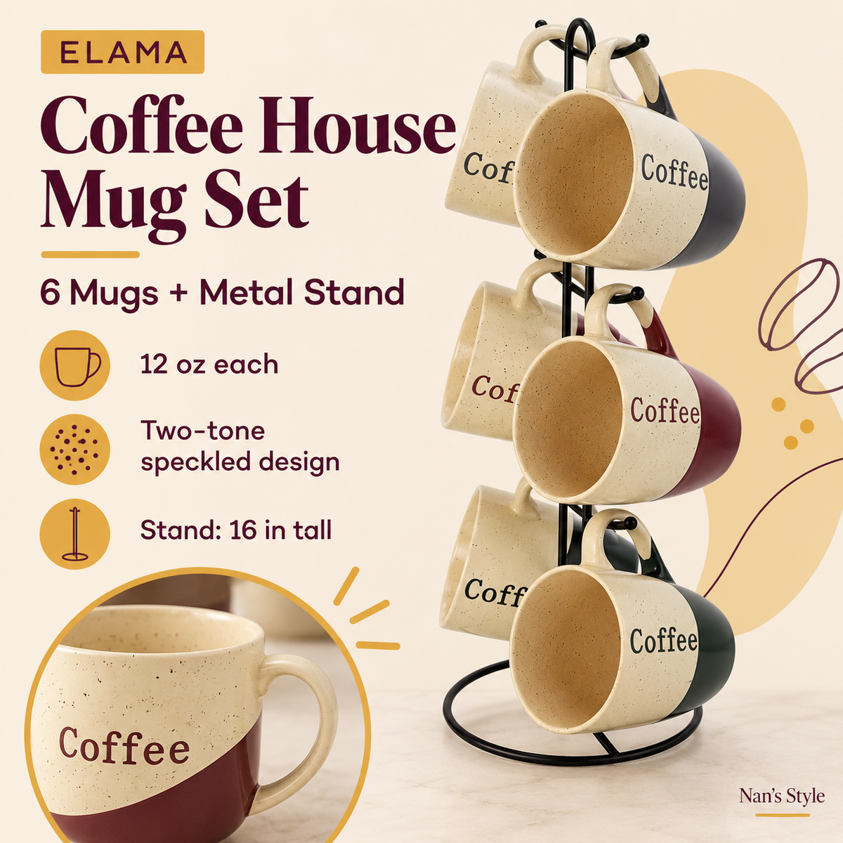 Coffee House 6-Piece 12 Oz. Mug Set with Stand, Assorted Colors