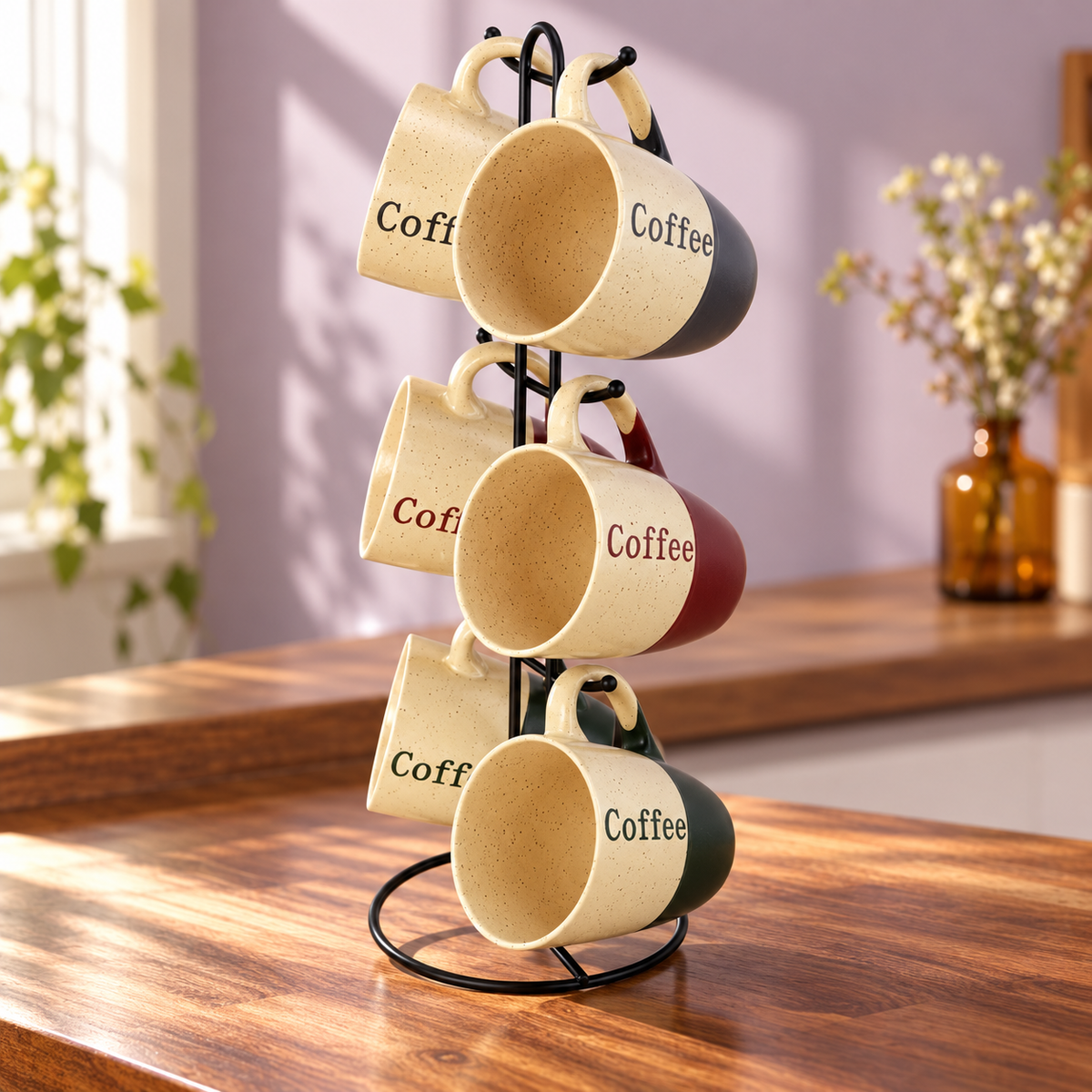 Coffee House 6-Piece 12 Oz. Mug Set with Stand, Assorted Colors